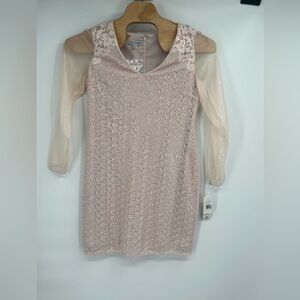 Kay Unger Women's Dress Cocktail Lace Midi Pale Pink Sheer Long Sleeve NWT Sz 14